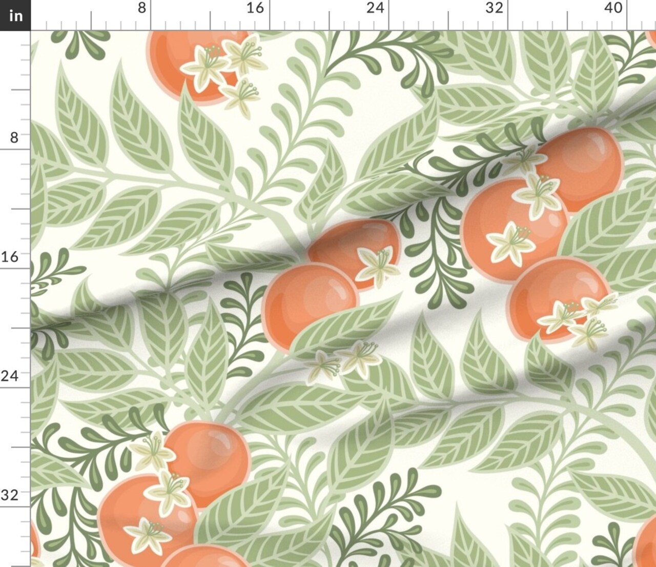Green Orange Fruit Citrus Garden Oranges Botanical Italy Grove Orchard Floral Large Scale Custom Printed Fabric by Spoonflower Various Fabrics by the Yard or Fat Quarter